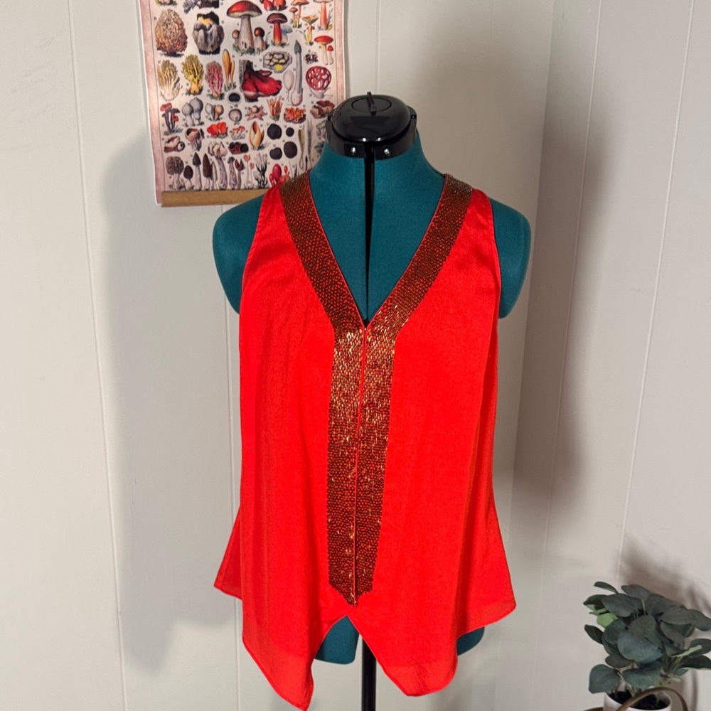 MM Couture Red Sleeveless Blouse with Gold Accents